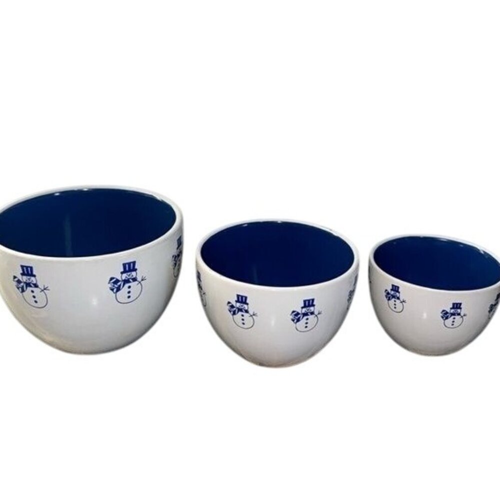 Set Of 3 WCL Snowman Ceramic Bowls With Blue Interior